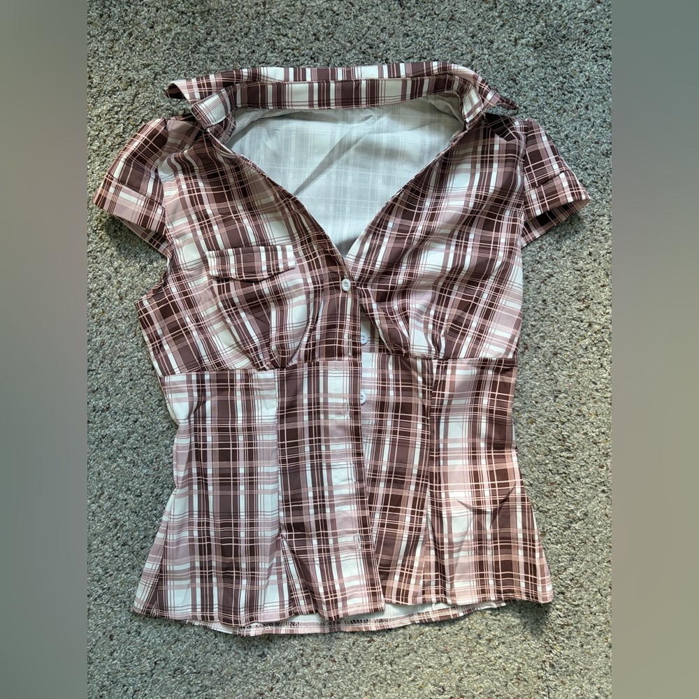 Brown and Pink Plaid Button-Down Shirt